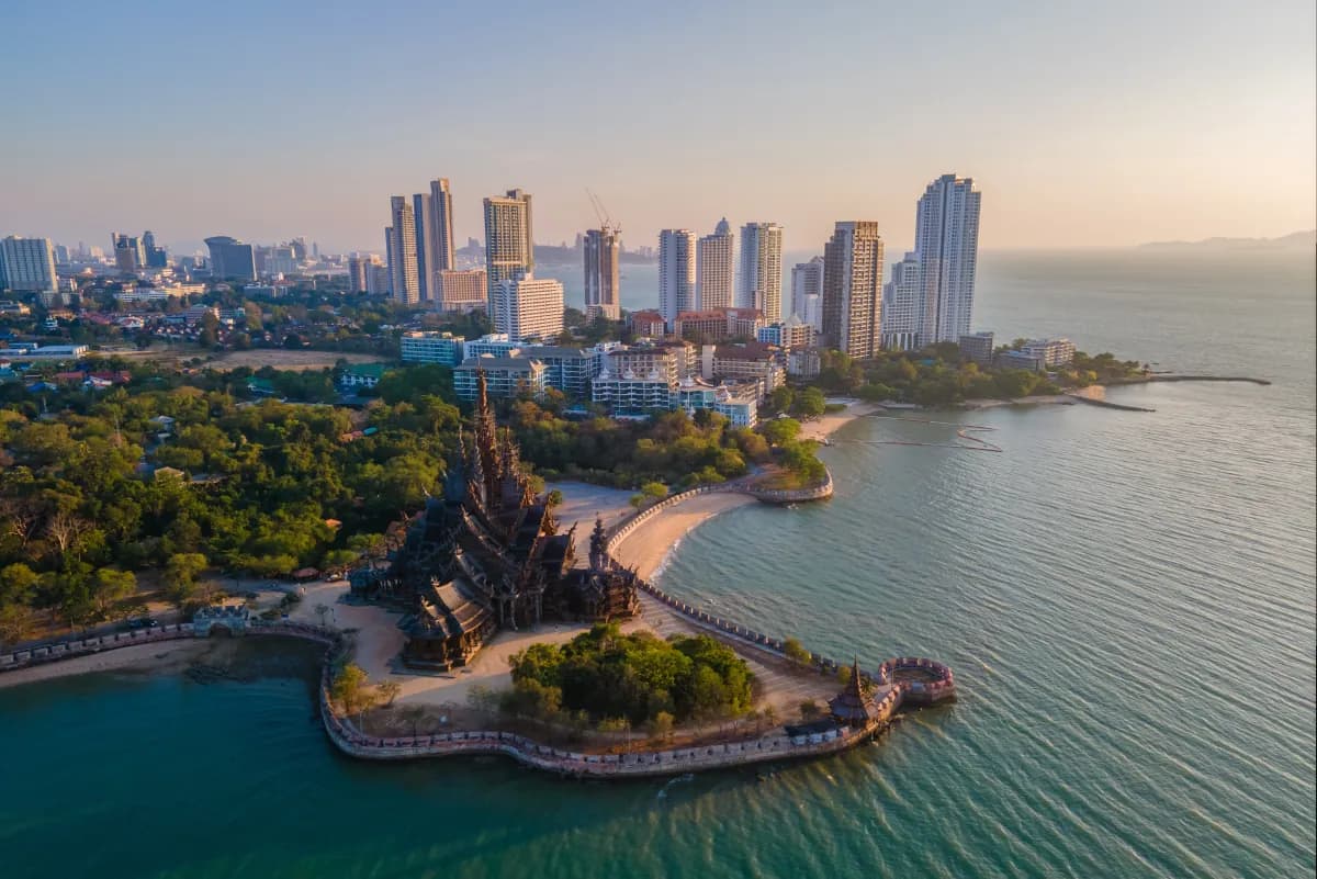 Aerial view of Pattaya with the Sanctuary of Truth and the gulf