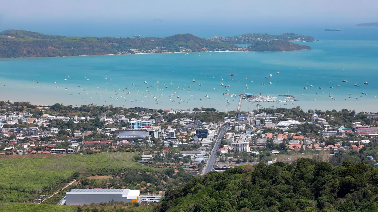 Panoramic view of Rawai bay and town in southern Phuket